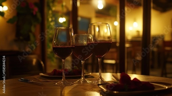 Fototapeta Three wine glasses filled with red wine, on a table, at night, with rose petals and food