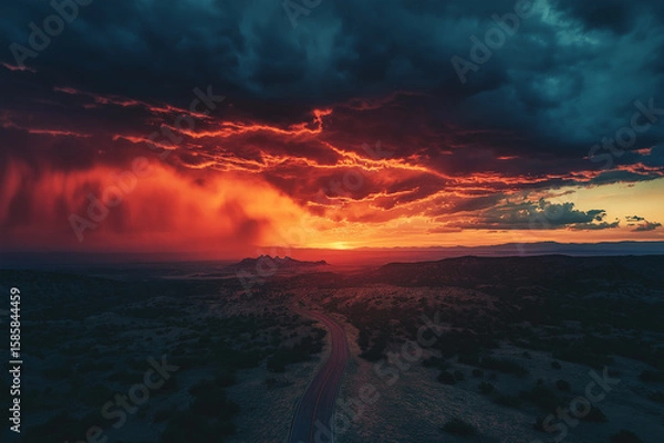 Fototapeta Dramatic Supercell Thunderstorm Illuminated By Fiery Sunset: Massive Spiral Cloud Formation Over Vast Rural Landscape With Intense Colors And Powerful Atmospheric Phenomenon