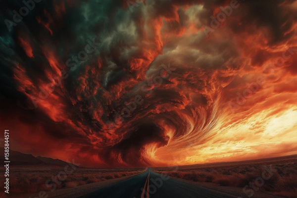 Fototapeta Dramatic Supercell Thunderstorm Illuminated By Fiery Sunset: Massive Spiral Cloud Formation Over Vast Rural Landscape With Intense Colors And Powerful Atmospheric Phenomenon
