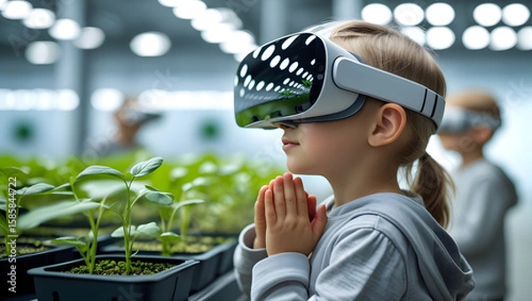Fototapeta Child Using VR Headset in Nature Simulation with Reflected Indoor Plants