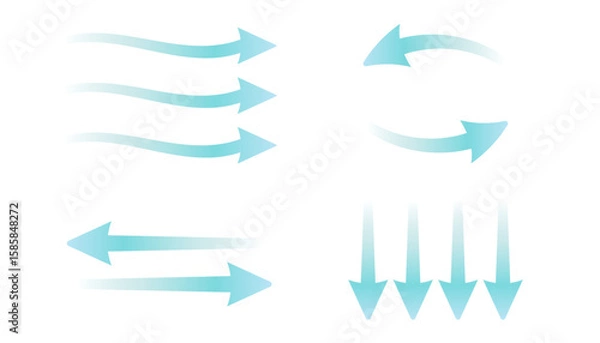 Fototapeta Set of blue arrows illustrating air flow and wind direction. Represents cool fresh streams from an air conditioner. Vector illustration isolated on a white background. EPS10