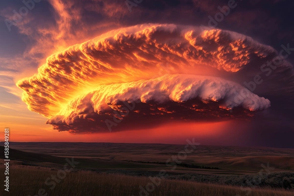 Fototapeta Dramatic Supercell Thunderstorm Illuminated By Fiery Sunset: Massive Spiral Cloud Formation Over Vast Rural Landscape With Intense Colors And Powerful Atmospheric Phenomenon