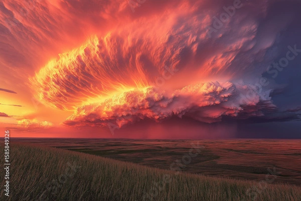 Fototapeta Dramatic Supercell Thunderstorm Illuminated By Fiery Sunset: Massive Spiral Cloud Formation Over Vast Rural Landscape With Intense Colors And Powerful Atmospheric Phenomenon