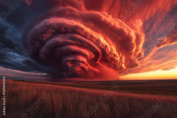 Fototapeta Dramatic Supercell Thunderstorm Illuminated By Fiery Sunset: Massive Spiral Cloud Formation Over Vast Rural Landscape With Intense Colors And Powerful Atmospheric Phenomenon