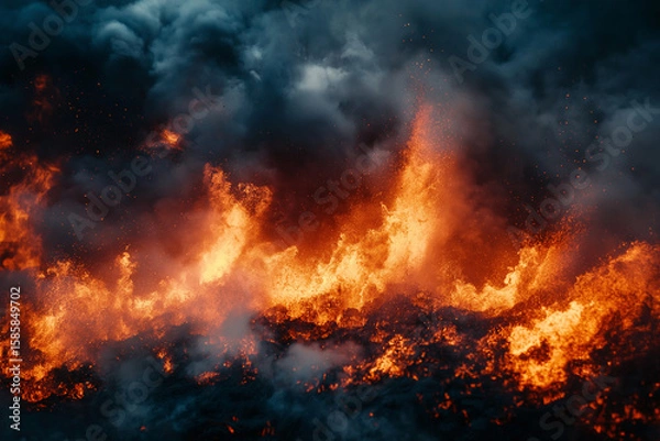 Fototapeta Fiery Molten Lava Flowing Through Cracked Earth: Intense Natural Scene Of Glowing Magma Surrounded By Dark Smoke And Volcanic Ash Under Dramatic Sky