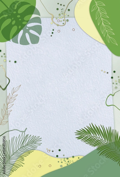Fototapeta Tropical plants background template in green-yellow colors with paper sheet. Greeting , invitation , presentation concept . Free copy space.