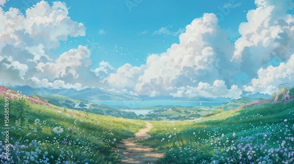 Fototapeta Expansive landscape featuring a dirt path winding through gentle rolling hills covered in green grass and purple and white wildflowers under a bright blue sky filled with fluffy white clouds