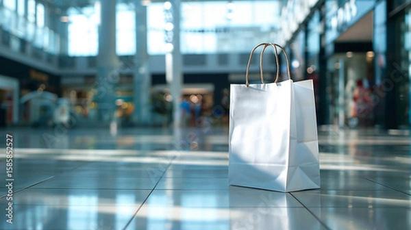 Fototapeta White shopping bag placed on polished mall floor with blurred retail storefronts and modern architecture creating commercial atmosphere