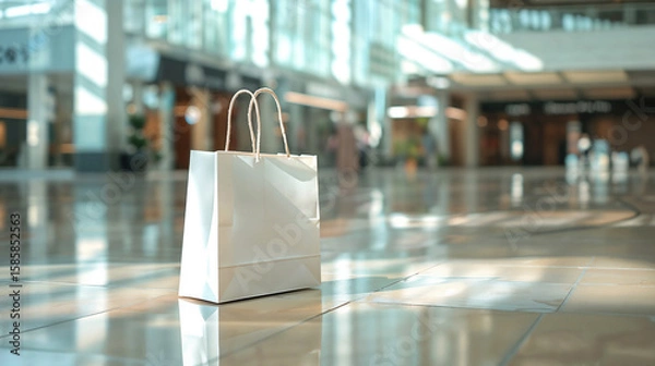 Fototapeta Empty white paper shopping bag standing on a shiny, polished floor inside a blurred modern shopping mall, with shops and natural light visible in the background, representing commerce and consumption