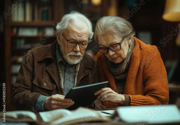 Fototapeta Senior Couple Sitting Together At Home Library: Focused Reading Of Digital Tablet With Warm Lighting And Cozy Atmosphere