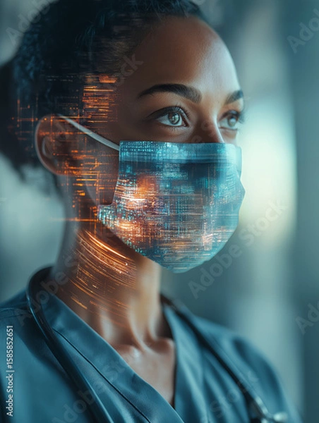 Fototapeta Healthcare Professional Wearing Smart Mask with Biometric Data Overlay | Future Medicine