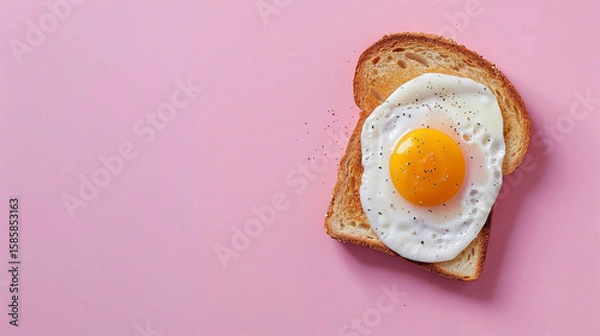 Fototapeta A perfectly toasted bread slice topped with a fried egg is presented against a smooth pink backdrop, offering a simple yet appetizing view of a light breakfast.