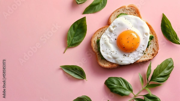 Fototapeta Heart shaped fried egg on toast surrounded by fresh green basil leaves against soft pink background creating romantic breakfast concept with blank copy space