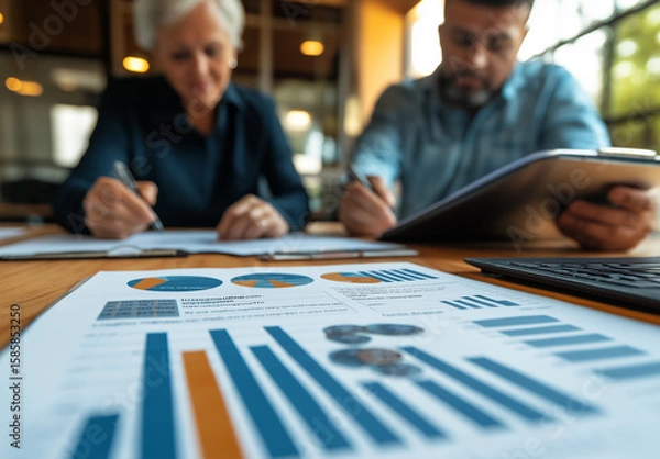 Fototapeta Senior Couple Reviewing Financial Documents: Focused Discussion Over Investment Charts And Business Reports At Home Office

