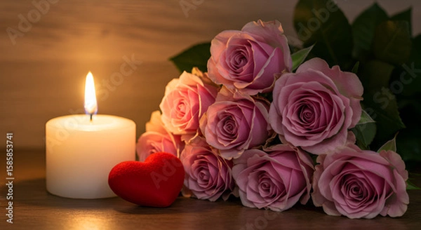 Obraz Romantic Still Life with Pink Roses, Candlelight, and a Heart for Valentine's Day