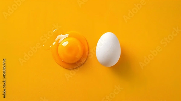 Fototapeta White raw egg next to a cracked egg with a vibrant yolk and clear albumen, both centered on a bright yellow background, representing freshness, cooking, and ingredients.