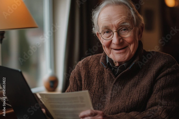 Fototapeta Smiling Elderly White Man Reading Documents At Home: Cheerful Senior With Glasses Sitting By A Laptop At A Cozy Desk Holding Papers And Looking At The Camera In A Warm Indoor Setting