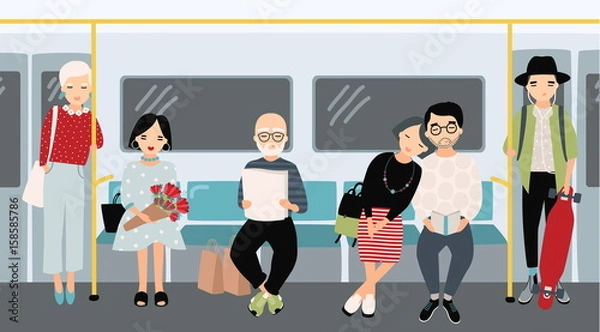 Fototapeta Different people at subway. Trendy young girls and guys at underground train. Horizontal colorful vector illustration in cartoon style.