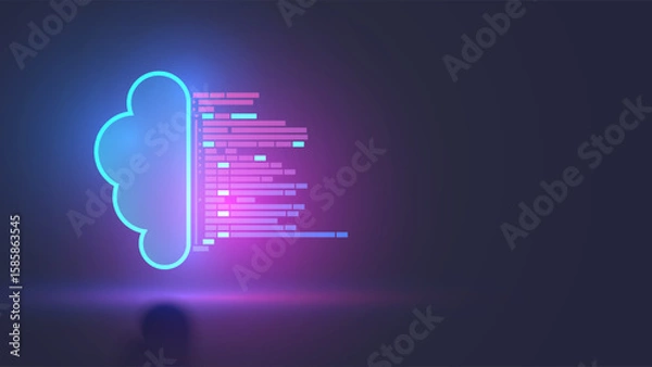 Obraz API concept. Cloud repository for team work of software development. Program text comes in the neon icon of digital cloud storage. Application Programming Interface. Shared access and Cloud computing.