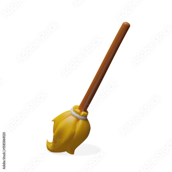 Fototapeta 3D broom vector illustration for Halloween, cleaning, witch, and magic themes. Includes bristles and wooden handle. Great for spooky designs or housework and tidy-up concepts.