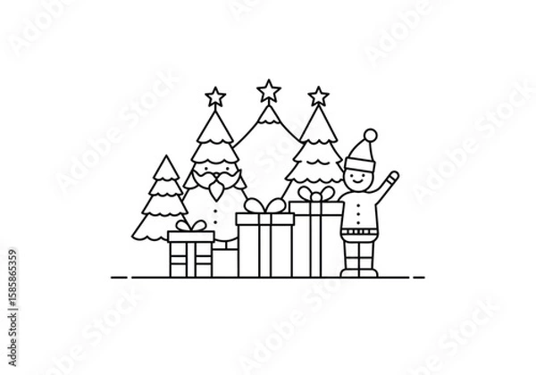 Fototapeta Christmas celebration drawing. Black and white outline of a festive Christmas scene with Santa, gifts, trees, and a snowman. Vector sketch line art draw.