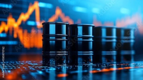 Fototapeta Black oil barrels with a fluctuating digital stock market chart in the background indicating commodity price changes.