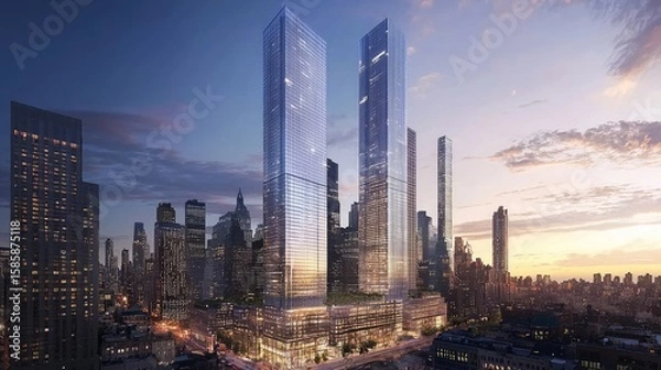 Fototapeta Architectural rendering of two high-rise buildings in a city skyline.