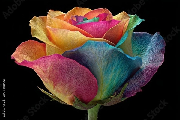Fototapeta A close up macro shot of a vibrant rainbow rose with petals in multiple colors against a black background