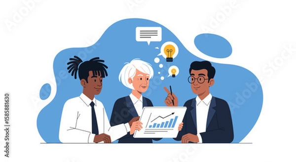 Obraz Three diverse business professionals collaborate on a project, analyzing data and sharing innovative ideas in a modern flat illustration style.