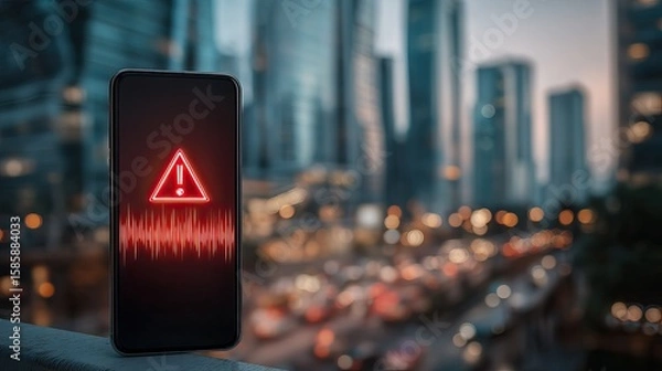 Fototapeta Mobile phones are showing earthquake alert signals in the city. AI generated image