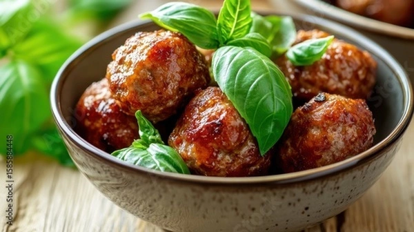 Fototapeta Meatballs with basil garnish