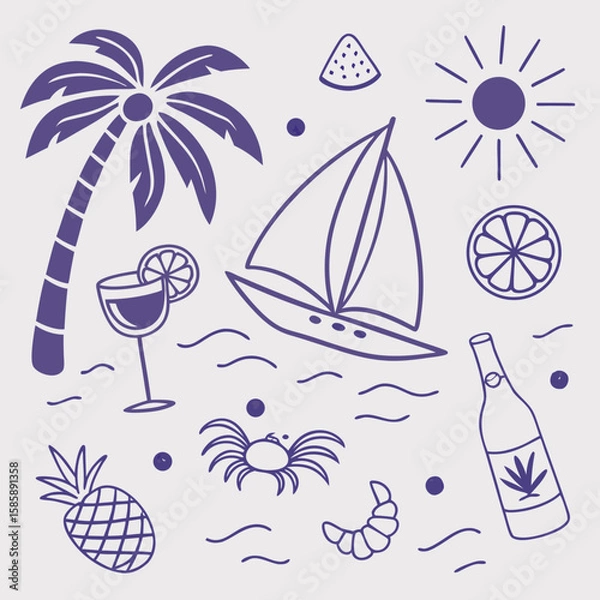 Fototapeta Playful hand-drawn tropical vacation scene with sailing boats, palm leaves, and fruits. Whimsical and trendy summer icon set in outline style for illustration, branding, and web use.

