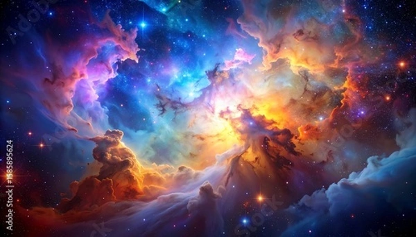 Fototapeta Cosmic nebula, vibrant colors, swirling clouds of gas and dust, scattered stars