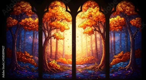 Fototapeta Enchanting Stained Glass Windows Depicting Autumn Forest Scenes

