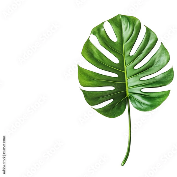 Fototapeta A single, vibrant green leaf with characteristic splits and a slender stem, set against a stark black background, exhibiting a subtle, luminescent outline