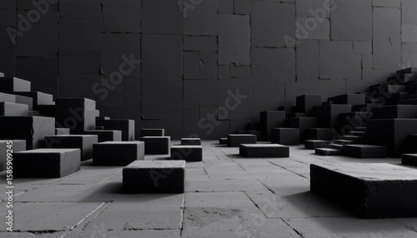 Obraz Monochromatic abstract arrangement of dark gray stone blocks and textured walls