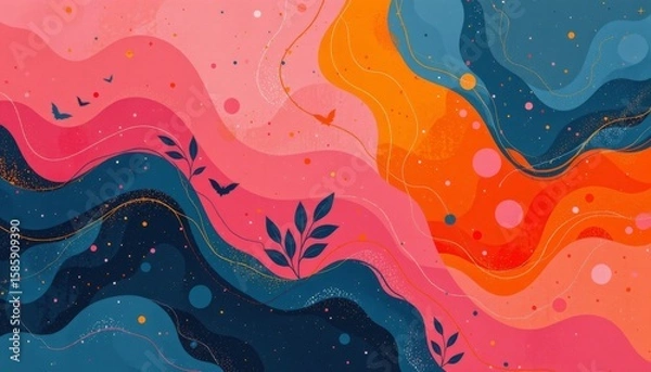 Obraz Abstract wavy landscape with stylized flora and flying silhouettes against a textured gradient background