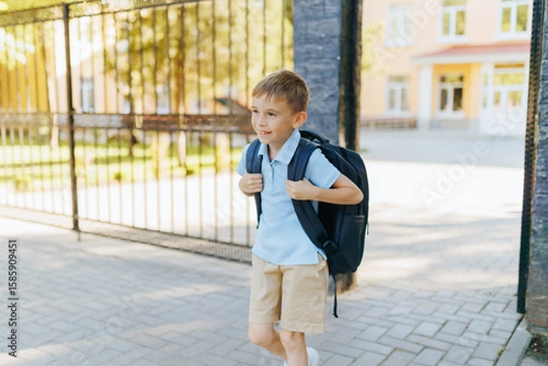 Fototapeta Boy Walking Home from School in Uniform with Backpack After Class