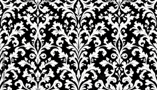 Obraz Intricate white floral damask pattern on a black background repeating symmetrical design