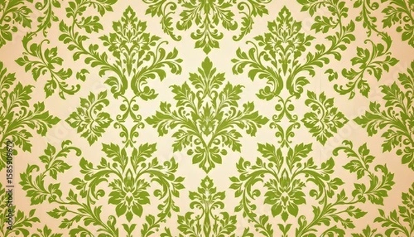 Obraz Seamless damask pattern with green floral motifs on a cream background