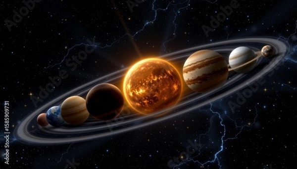 Obraz A vibrant depiction of the solar system's planets orbiting a glowing sun amidst a star filled cosmos