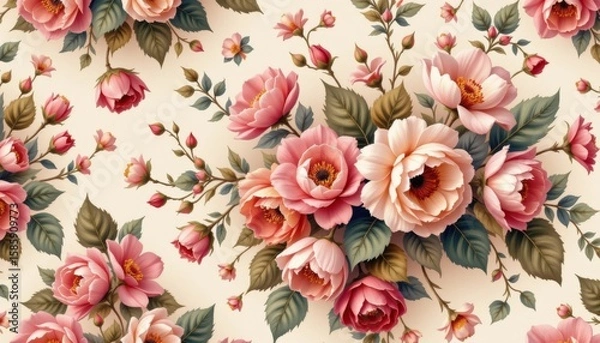 Obraz Delicate pink and peach roses and buds with green leaves on a cream background