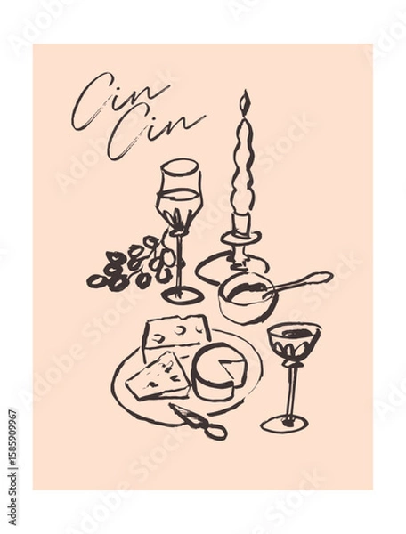 Obraz Dinner party, line art illustration, poster templates,  hand drawn vector design elements