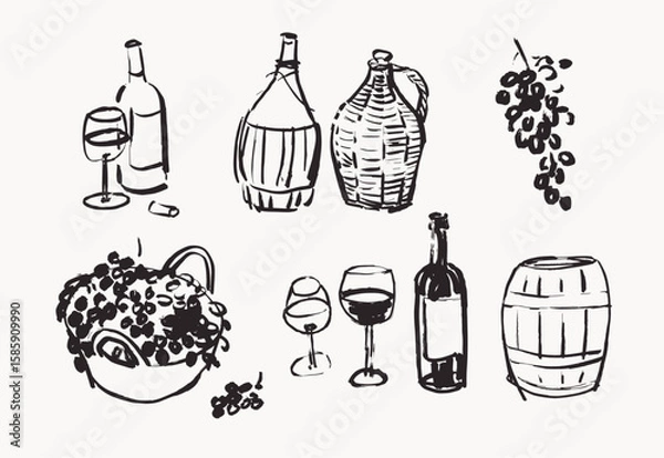 Obraz Wine making hand drawn elements,  line art vector illustrations