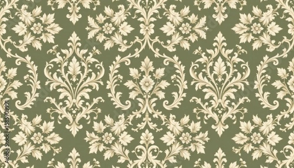 Obraz Intricate damask pattern with cream floral and leaf motifs on a muted green background