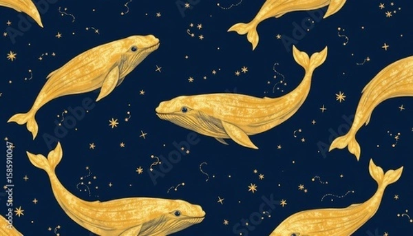 Obraz Yellow whales and constellations float across a dark blue cosmic background seamless pattern