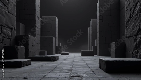 Obraz Dark stone blocks and pillars arranged in a minimalist composition on a tiled floor