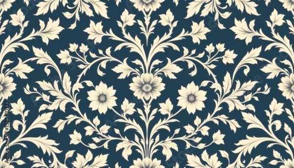 Obraz Cream floral damask pattern on deep blue background intricate vintage botanical motif