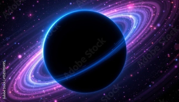 Obraz A dark planet with a glowing blue ring against a vibrant nebula and starry sky
