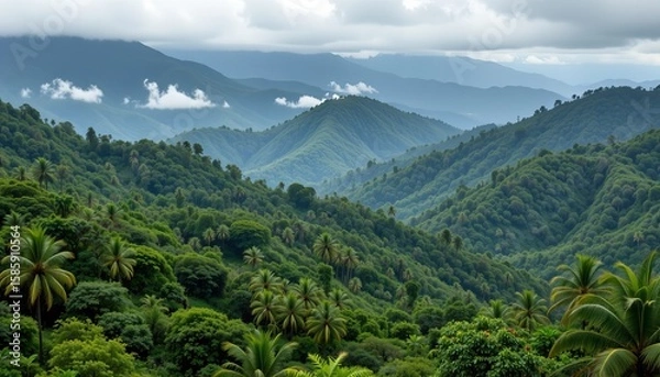 Obraz Lush green tropical mountains with palm trees under a cloudy sky landscape